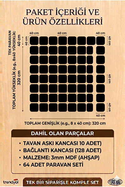 WOODDOOM Satranç Takımı Lazer Kesim Paravan, Ahşap Separatör, Oda 4'lü Panel Levha Model21 40 x 40 cm 16 SET 64 ADET PANEL