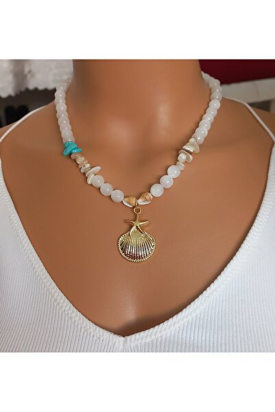 BNG AKSESUAR Selenite Turquoise Natural Stone Necklace with Seashell Detail H...