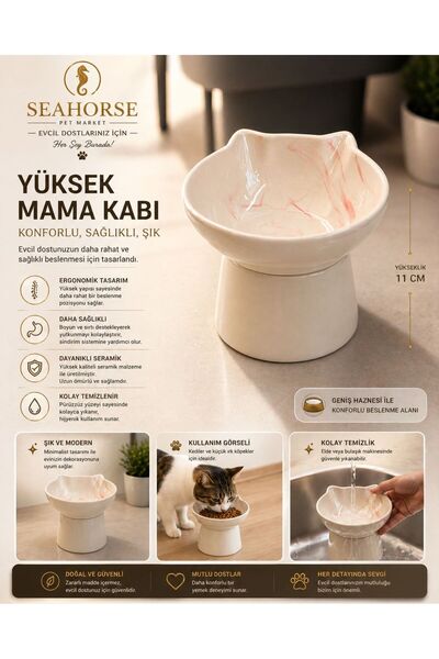 Majo Seahorse Seramik Yüksek Mama Kabı – Ergonomik Kedi & Köpek Mama Kabı (11...