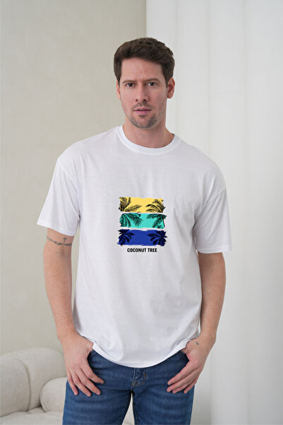 caddekombin Tricou alb pentru bărbați, cu tematică tropicală, cu imprimeu cu ...