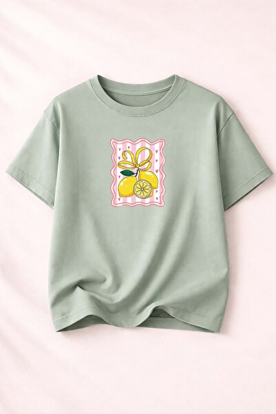 herkesemoda Limon Baskı Detaylı Bisiklet Yaka Pamuklu Basic T-Shirt