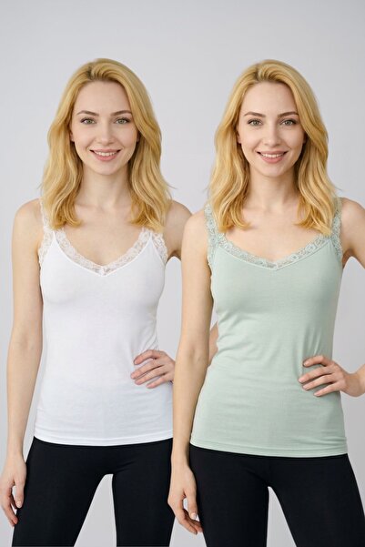fevien 2-Pack Women's Thick Strap V-Neck Cotton Lace Undershirt - Flexible Co...