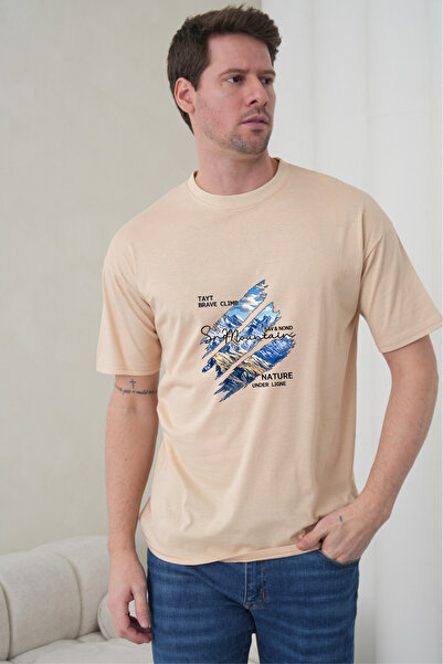 caddekombin Men's Sun Mountain Nature Printed Round Neck Beige T-Shirt