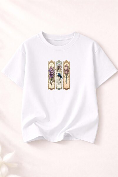 herkesemoda Βαμβακερό βασικό μπλουζάκι με στάμπα λουλουδιών και πουλιών σε vi...