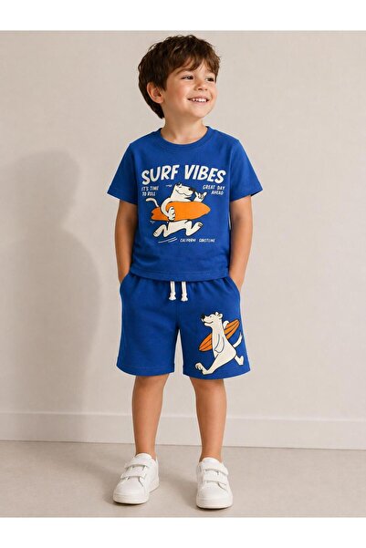 elzo collection Boy's Figured Printed Cotton T-Shirt and Shorts Set