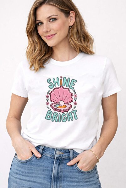 herkesemoda Βαμβακερό μπλουζάκι με λαιμόκοψη και λεπτομέρεια στάμπας Shine Br...