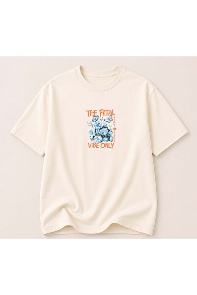 herkesemoda Βαμβακερό βασικό μπλουζάκι με λεπτομέρεια στάμπας πετάλων και λαι...