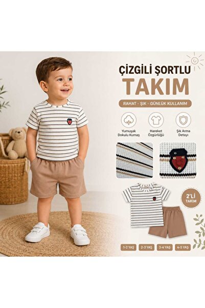 Kinlee Erkek Bebek Çizgili Şortlu Takım Yazlık 2’li Takım Rahat Pamuklu Günlü...