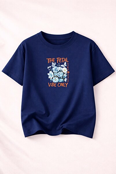 herkesemoda Βαμβακερό βασικό μπλουζάκι με λεπτομέρεια στάμπας πετάλων και λαι...