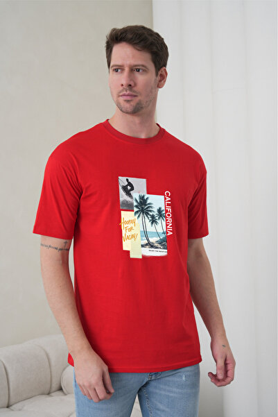 caddekombin Ανδρικό κόκκινο μπλουζάκι με στρογγυλή λαιμόκοψη και στάμπα σερφ ...