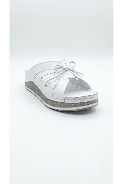 Ustalar Ayakkabı Çanta White Women's Genuine Leather Slippers 546.101