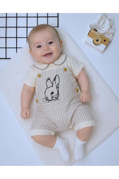 cacobutik Erkek Bebek Polo Yaka T-shirt Tavşan Desenli Salopet Tulum 2'li Takım