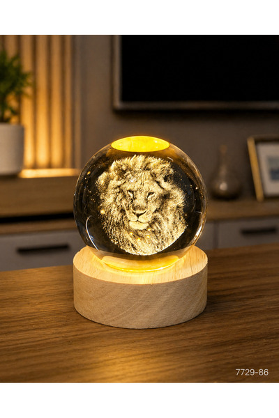 1DepoBu 3D Aslan Figürlü Kristal Cam Gece Lambası | LED Işıklı Dekoratif Ahşa...