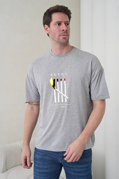 caddekombin Tricou gri pentru bărbați, minimalist, cu ilustrație Burning Matc...