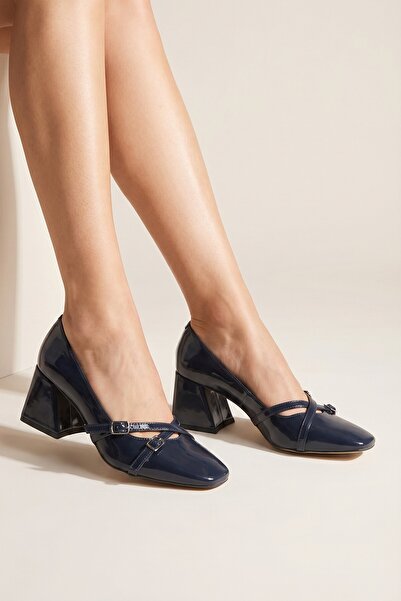 Modabuymus Γυαλιστερά μπλε ναυτικά λουστρίνια παπούτσια Mary Jane με χοντρό τ...