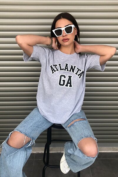NoVibe Tricou oversize cu imprimeu Atlanta, gri pentru femei