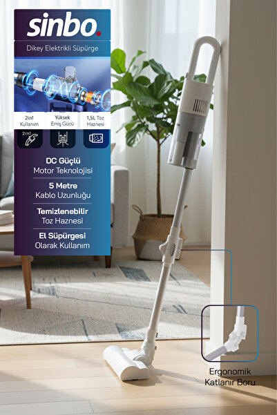 ozbience Dikey Elektrikli Süpürge, 2’si 1 Arada, Beyaz, 1.5L Toz Hazneli