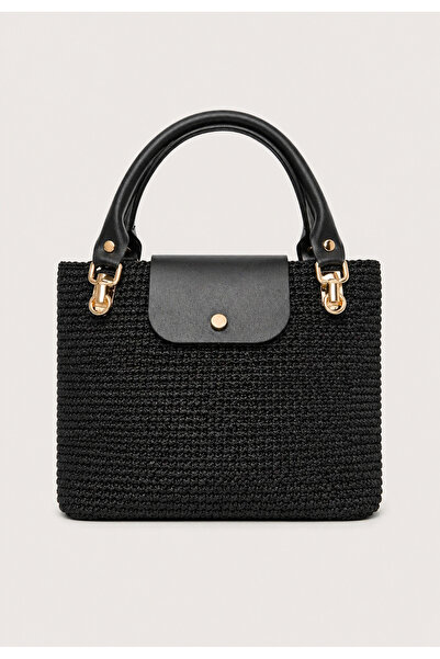 BY AKTEPE STORE Luxurious Black Knitted Textured Mini Women's Handbag with Go...