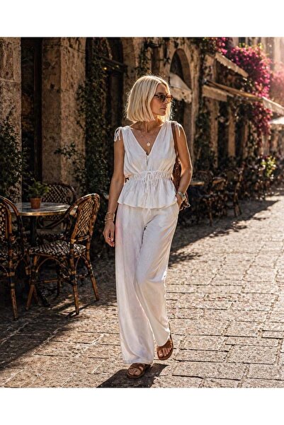 ibeeka Σετ Μπλούζας και Παντελονιού σε Λευκό Χρώμα με Μίνιμαλ Κομψότητα και Λ...