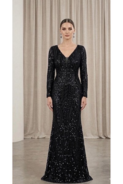 NOVERA DRESS " Yoğun Payet Uzun Kollu V Yaka Abiye Elbise"