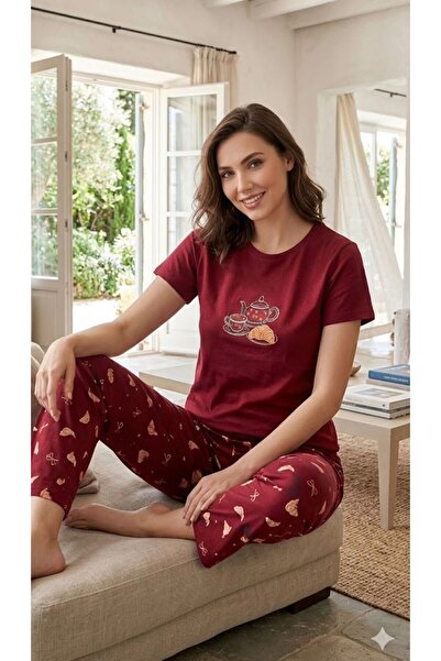 İpek Women's Short Sleeve Croissant Pattern 100% Cotton Pajama Set