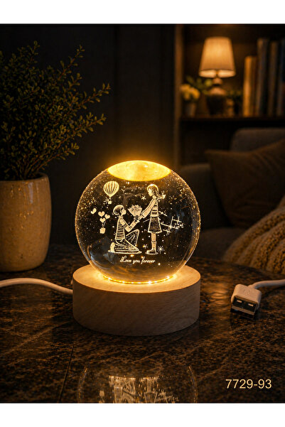 1DepoBu 3D Kristal Cam Gece Lambası | LED Işıklı Dekoratif Ahşap Tabanlı Tasa...