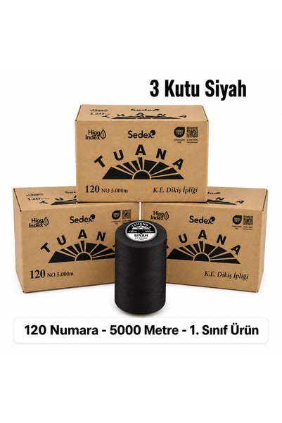 Tuana İplik خيط خياطة من البوليستر من توانا، رقم 120، 5000 متر، أسود، 18 بكرة...