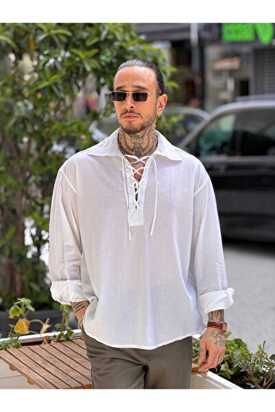 manch collection Oval Cut Shirt with Tie Collar White
