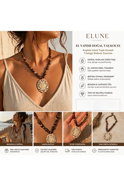 ELUNE İSTANBUL Elune Bohemian Natural Tiger's Eye Stone Carved Vintage Neckla...