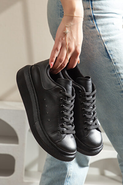 Bağcıklı Dikişli Kadın Spor Ayakkabı Sneaker Günlük Kullanıma Uygun (Siyah - Beyaz) Mevsimlik