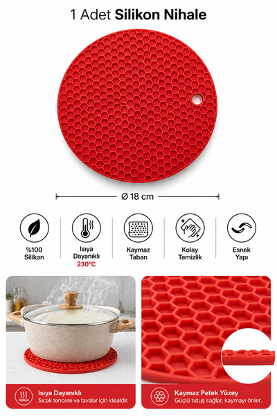 evolis kitchen 1 Adet Silikon Isıya Dayanıklı Yanmaz Yapışmaz Nihale Kırmızı
