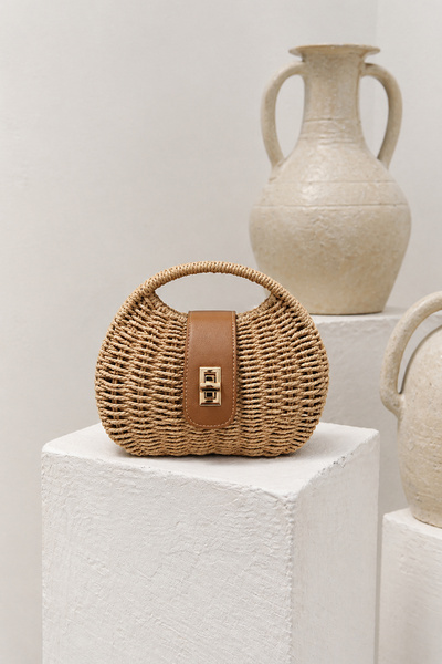 Pissos Ψάθινη μίνι τσάντα με δερμάτινη λεπτομέρεια |   Καλοκαιρινή τσάντα χει...