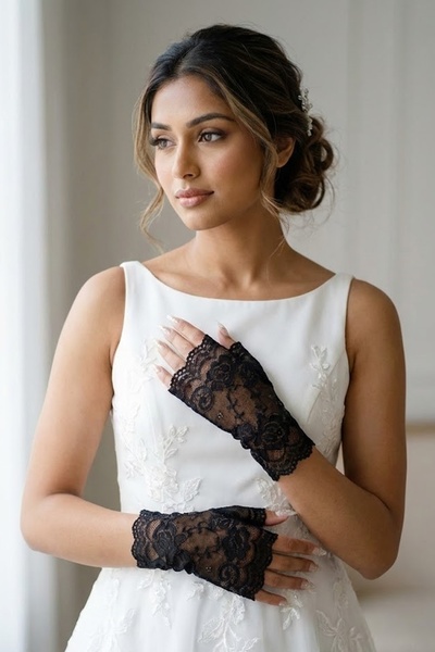 Hobigram Velmirel Lace Siyah Gelin Eldiveni – Dantel İşlemeli Vintage Şıklık Nikah & Düğün Aksesuarı