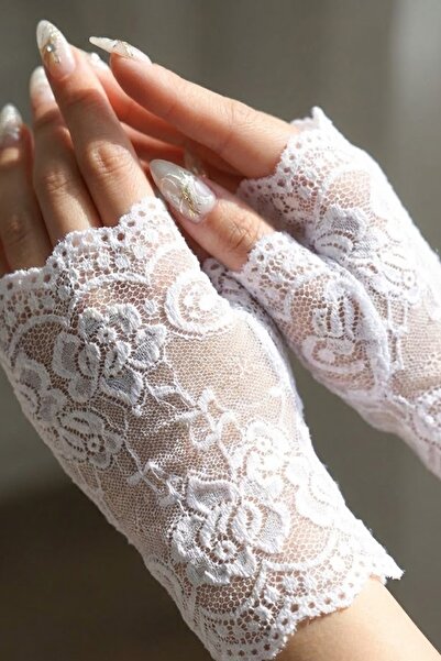 Hobigram Velmirel Lace Beyaz Gelin Eldiveni – Dantel İşlemeli Vintage Şıklık Nikah & Düğün Aksesuarı