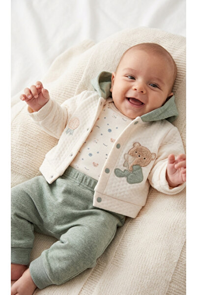Babyim Erkek Bebek Kapşonlu Ceket Çıtçıtlı Badi ve Pantolon 3 lü Takım