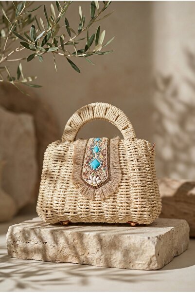 FASHION COCKTAIL Πλεκτή ψάθινη τσάντα με σμαραγδί πέτρες, αυθεντική, με λουρά...