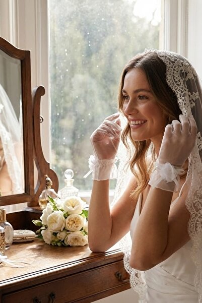 Hobigram Soft Bloom Beyaz Tül Gelin Eldiveni – Çiçek Detaylı Zarif Nikah Düğün Aksesuarı