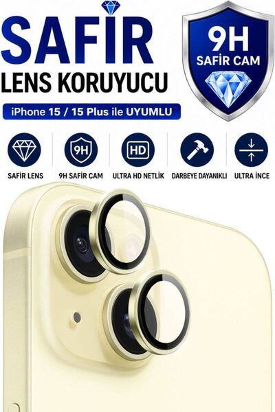 SONREİR واقي عدسة الكاميرا المعدني الأصفر لهاتف iPhone 15 / 15 Plus، زجاج الي...