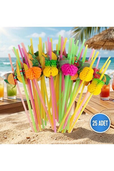 Mebey Home Tek Kullanımlık Plastik Körüklü Meyveli Pipet 50 Adet Kokteyl,Kafe...