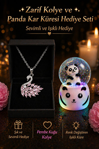 Selvica Pembe Kuğulu Pink Swan Taşlı Gümüş Çelik Kolye ve Mini Panda Kar Küresi