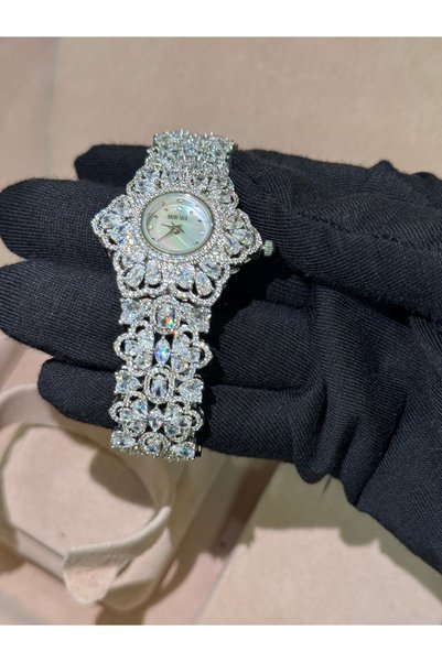 rive.jewelry Luxury Zirkon Taşlı Beyaz Altın Kaplama Kadın Saat – Işıltılı Bileklik Model (10 Yıl Garantili)