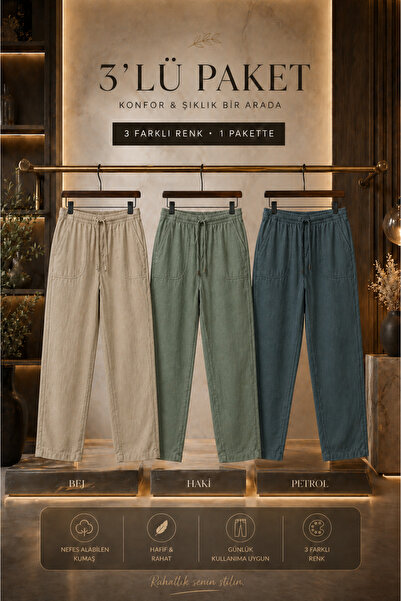 DAMGA JEANS 3 τεμάχια ανδρικά ελαστικά καλοκαιρινά λινά παντελόνια με ψηλή μέση