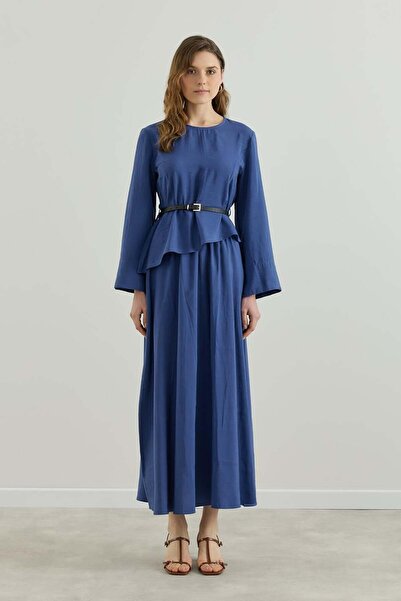 Merve Gültekin Asymmetrical Blouse and Belted Skirt Set Indigo