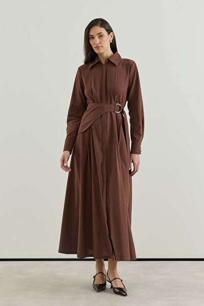 Merve Gültekin D Buckle Large Belted Linen Dress Brown