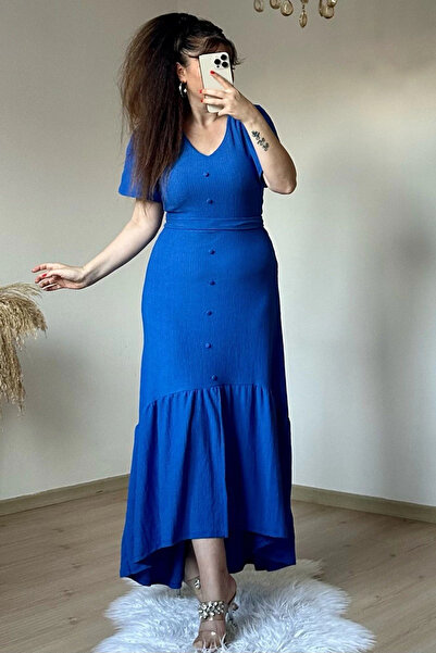 AZRA BUTİK Κοντομάνικο Ρομαντικό Φόρεμα Μπλε