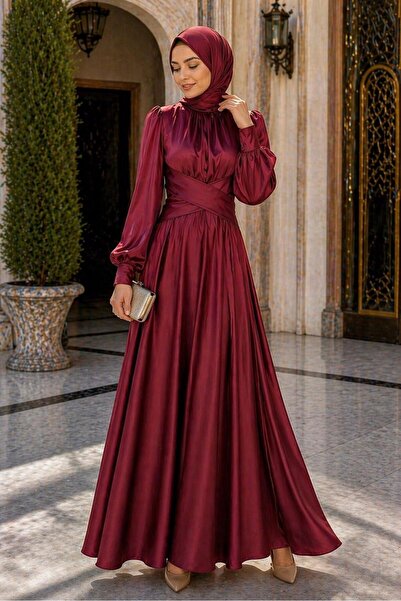 TRENDTESETTÜR KADIN BORDO KUŞAKLI SATEN ABİYE ELBİSE T 7926