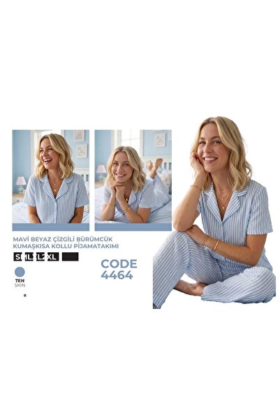 AtlasTekstil Blue and White Striped Crinkled Fabric Pajama Set