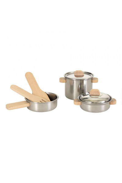 Egmont Toys Role play Set of stainless steel pots with wooden handles,
