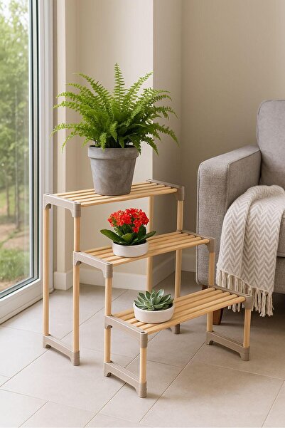 huhuli Ahşap Merdiven Tipi 3 Katlı Çiçeklik ve Saksılık Modüler Demonte 71 cm