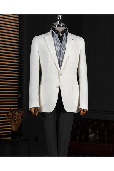 TerziAdemAltun Italian Style Slim Fit Mono Collar Men's Jacket Ecru T13791